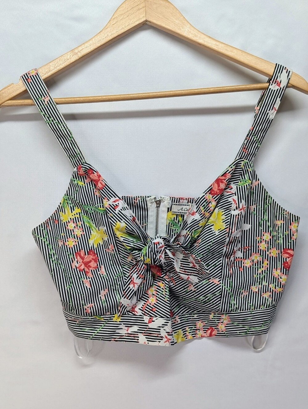 Flying Tomato Black & White Striped Floral Tie-Front Crop Top